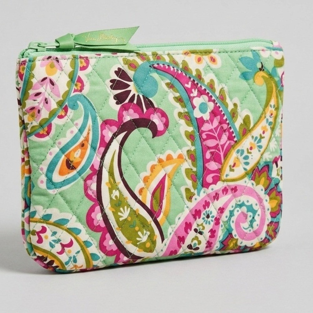 Vera‎ Bradley Green Paisley Quilted Cotton Cosmetic Makeup Bag Pouch Medium Zip